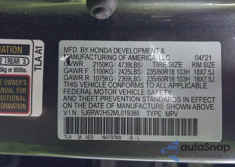 2021 Honda Cr-V Awd Ex из США, поврежденный, VIN 5J6RW2H52ML019388